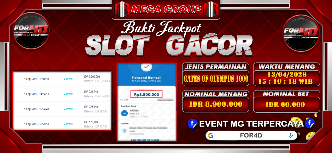 Bukti JP situs For4D hari Senin, 13 April 2026